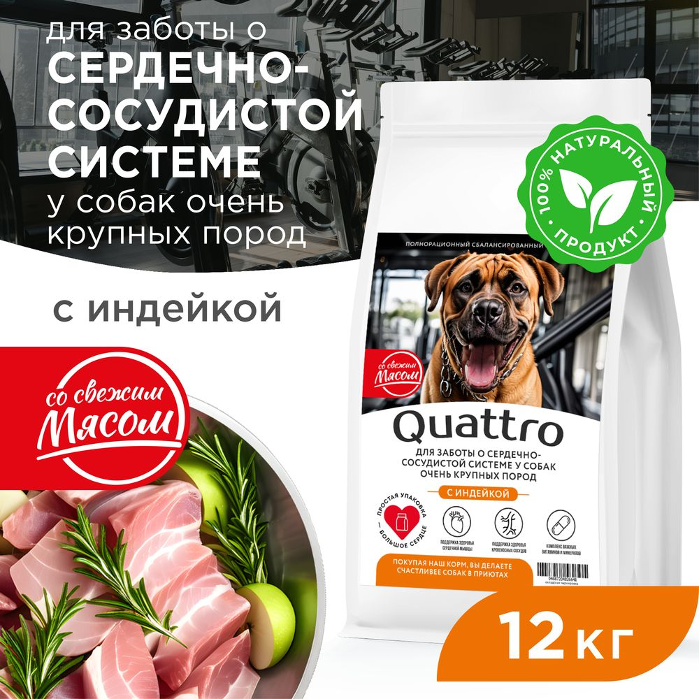 Корм сухой для взрослых собак очень крупных пород, премиум полнорационный комплекс, для заботы сердечно-сосудистой системы, с индейкой, 12 кг, QUATTRO