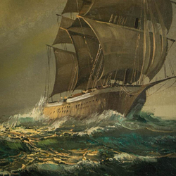 Винтаж: Винтажная картина «Парусник в море»