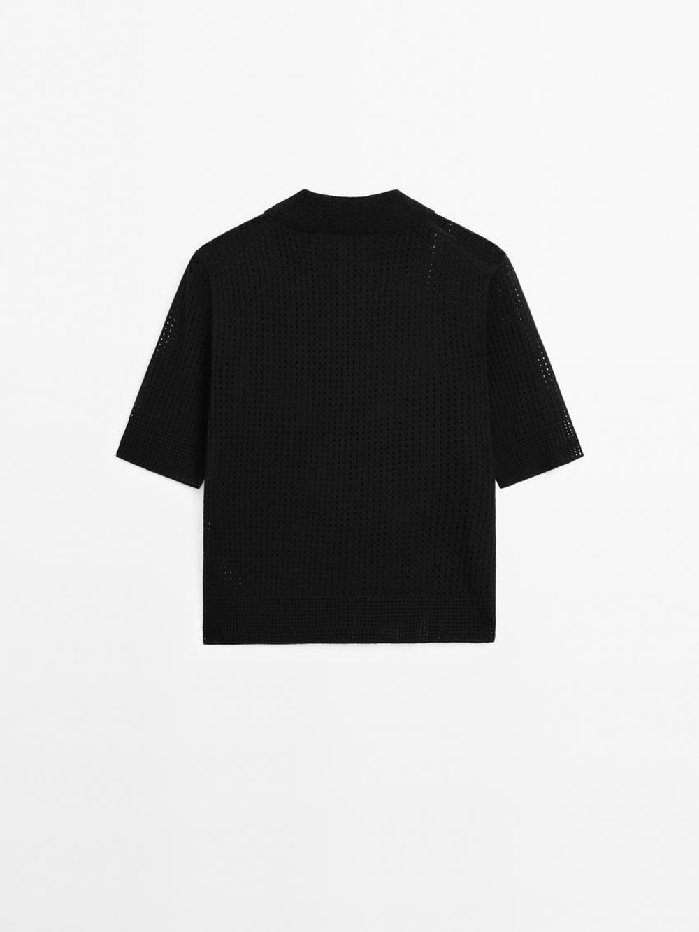 Massimo Dutti Свитер ажурной вязки с воротником поло, черный