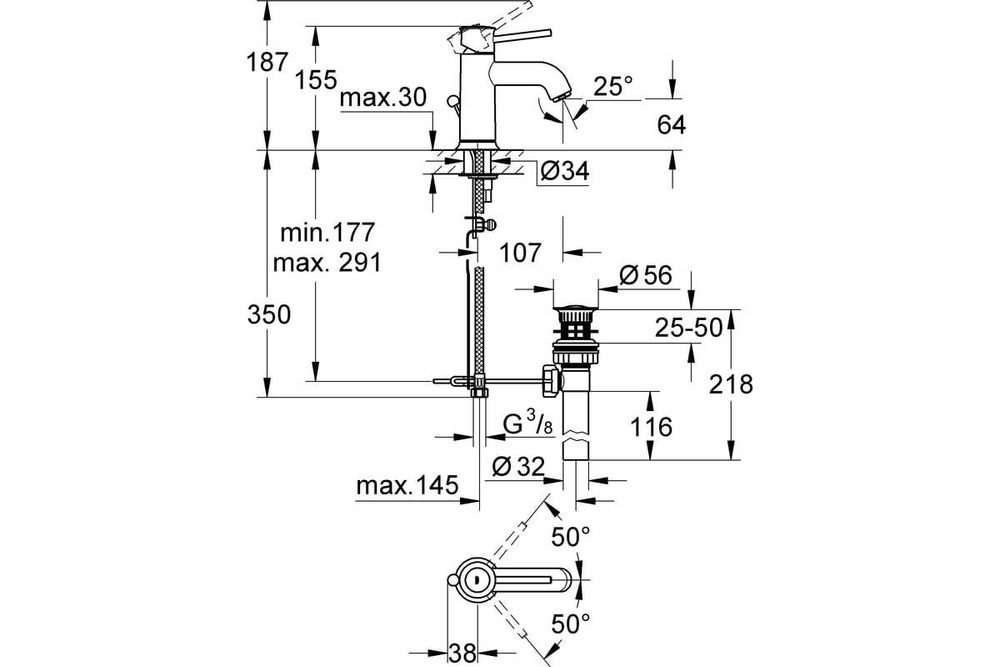 Смеситель для раковины GROHE BauClassic с сливным гарнитуром 23161000