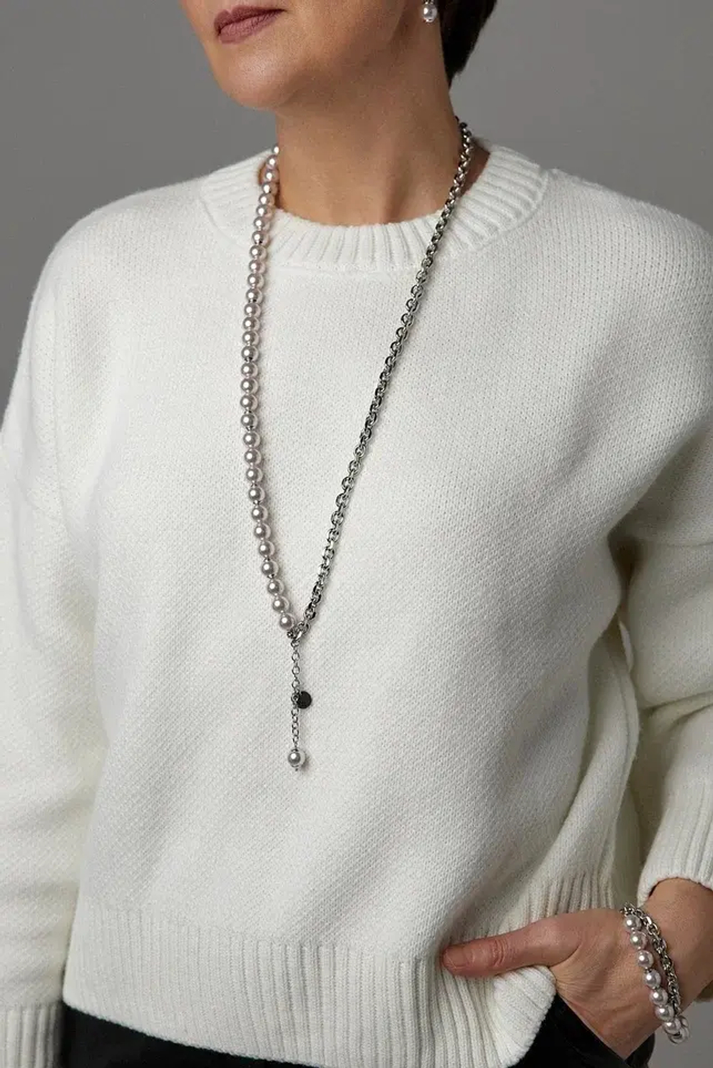 Браслет Твин 2 ряда бледно-сиреневого жемчуга и цепь ролло, оттенок серебро