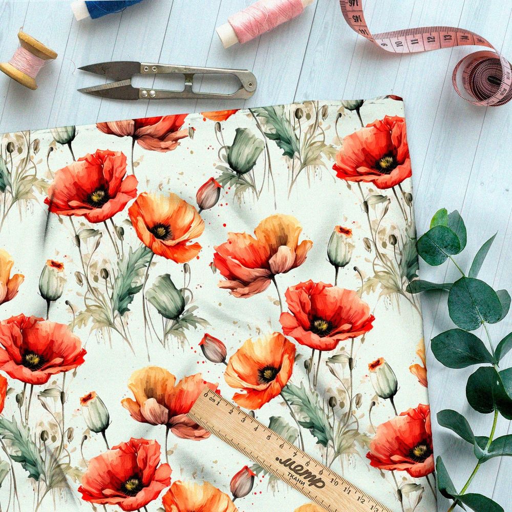 Ткань лён нежные акварельные маки