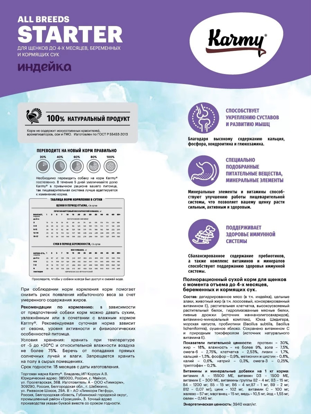 Сухой корм Karmy Starter для щенков до 4 месяцев, индейка, 14 кг