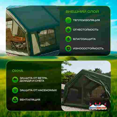 Пневмокаркасная всесезонная палатка «Тёплая Искра» 3,6×4,8×2,2 м — с печкой, из ПВХ, зелёная
