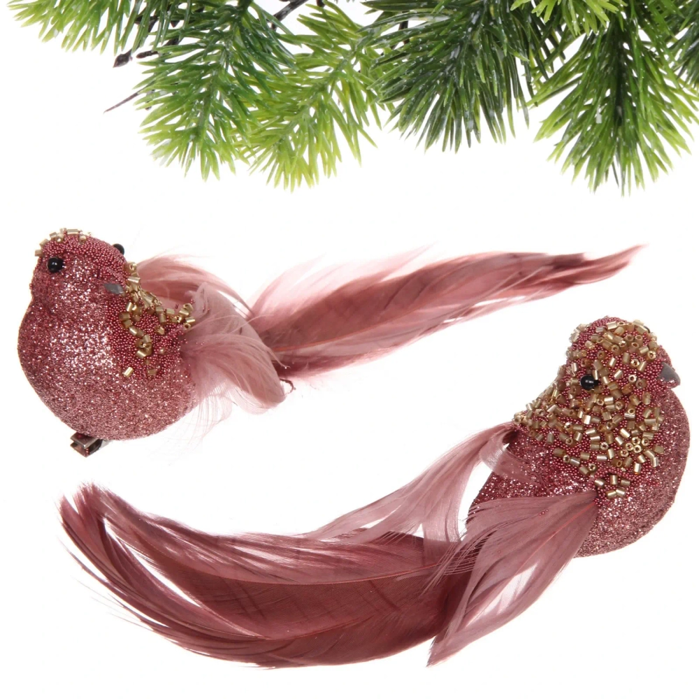 Украшение новогоднее на зажиме «Сияющая птица» 20 см (набор 2 шт), Розовый
