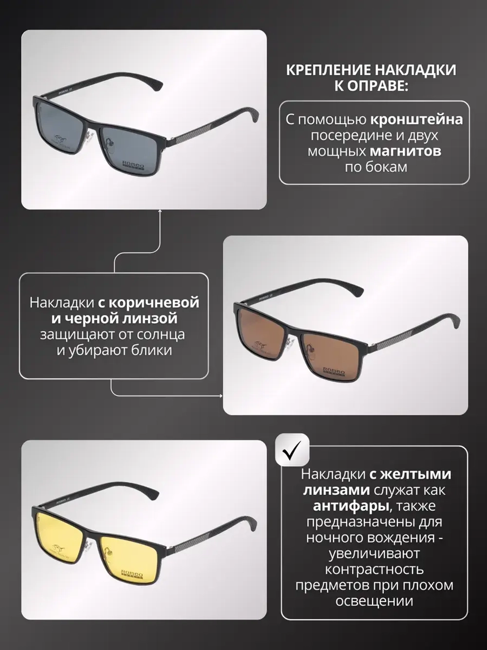 Оправа для очков с магнитными накладками 4в1