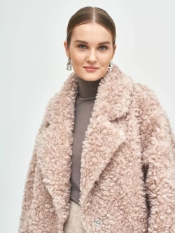 Шуба чебурашка длинная из овечьей шерсти, розово-бежевая, SilverFox