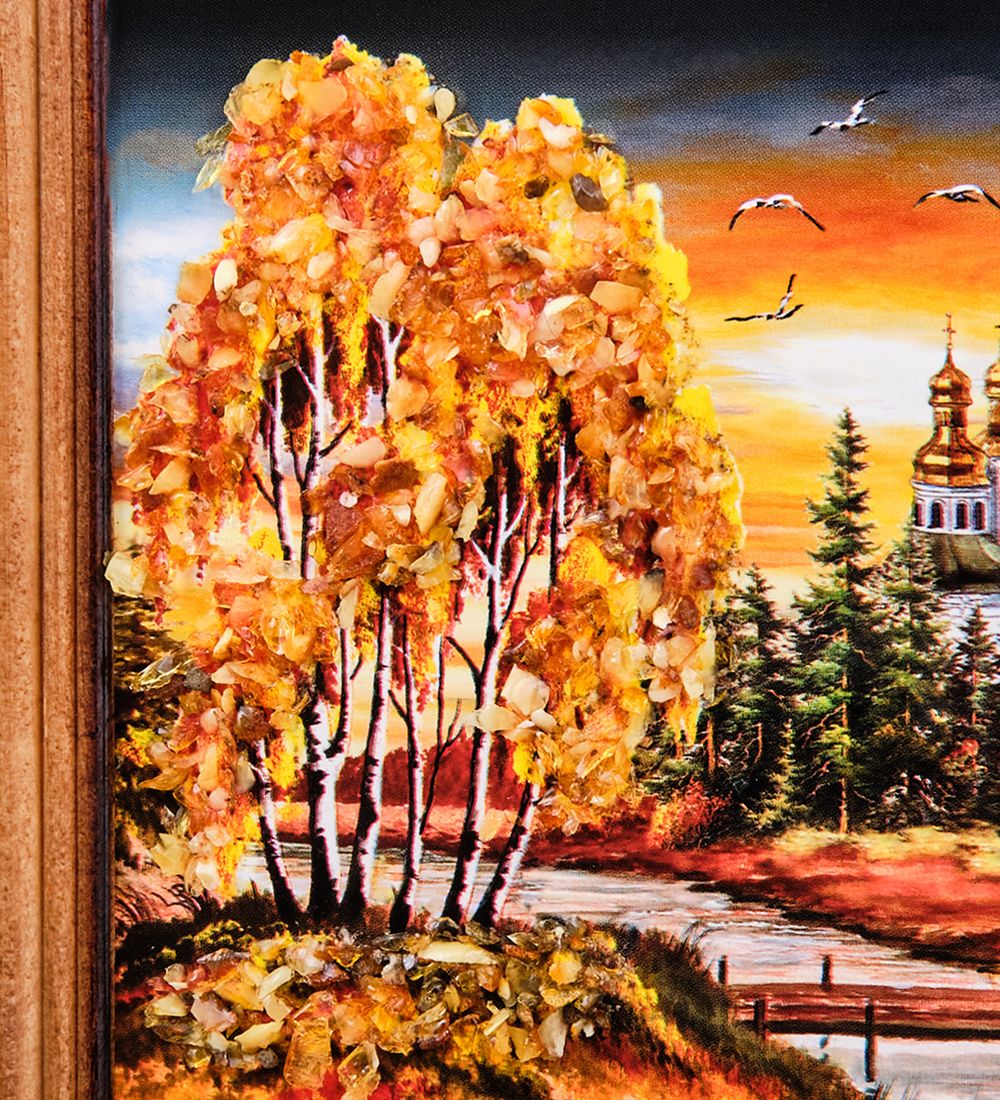 AMB-74/37 Картина «Церковь в лесу» (с янтарной крошкой) дер.краш.рамка 12х15