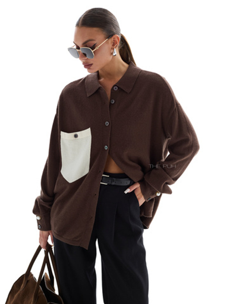 Шоколадная кашемировая рубашка с контрастным карманом
