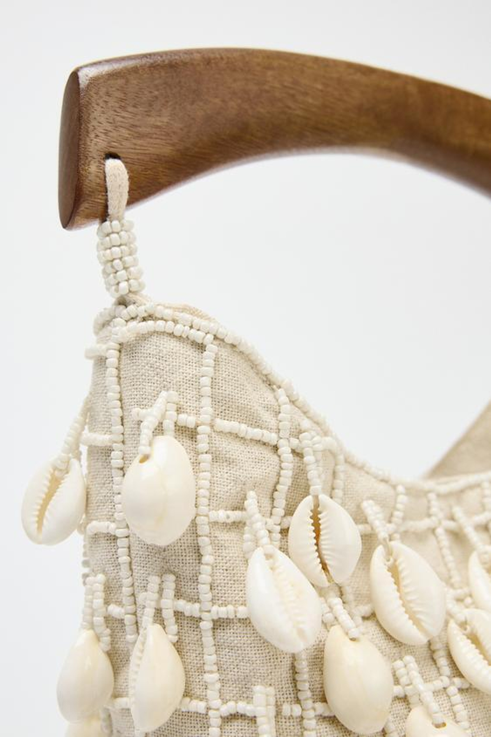 ZARA ТКАНЕВАЯ СУМКА-МЕШОК С БУСИНАМИ, СВЕТЛО-БЕЖЕВЫЙ