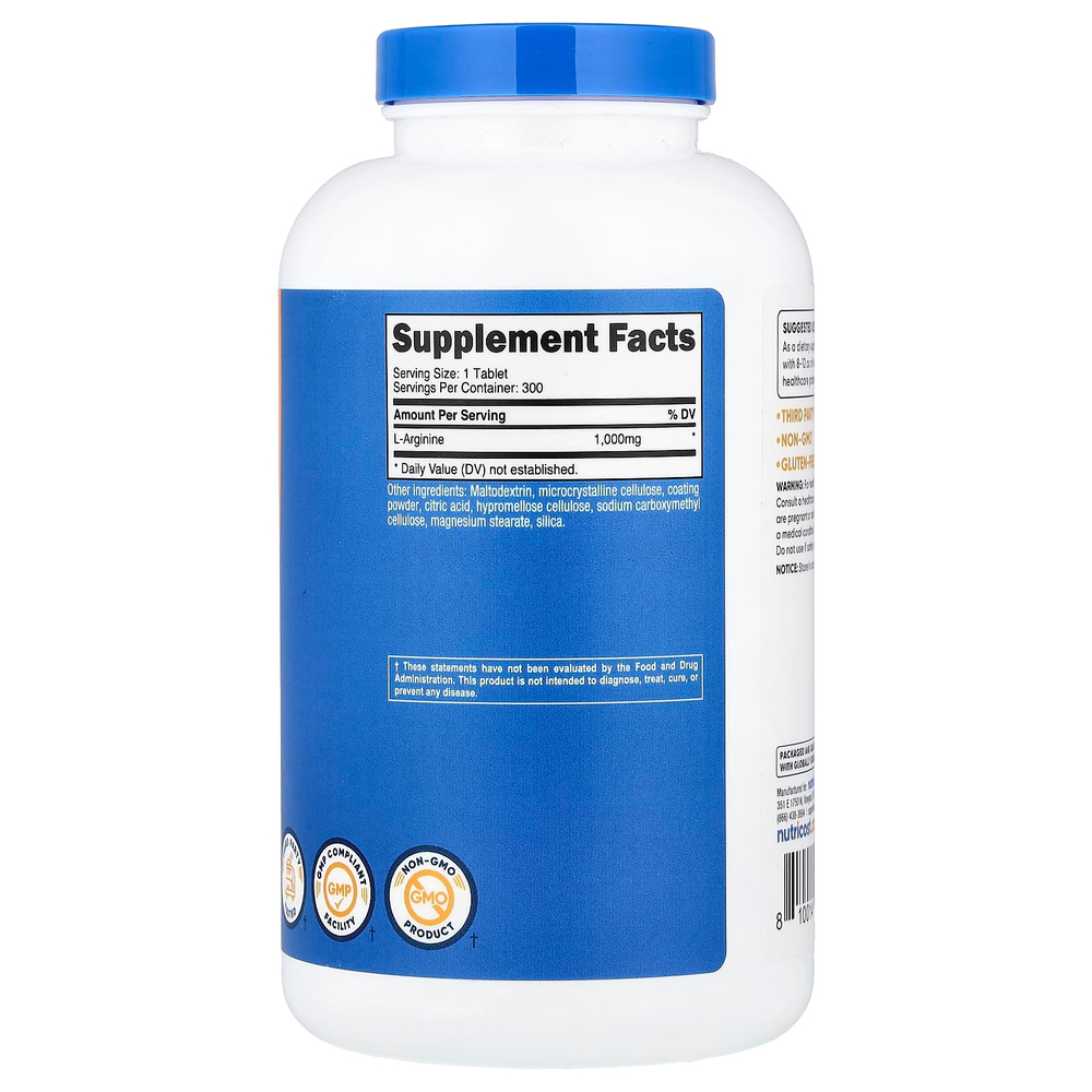 Nutricost, L-аргинин, 1000 мг, 300 таблеток