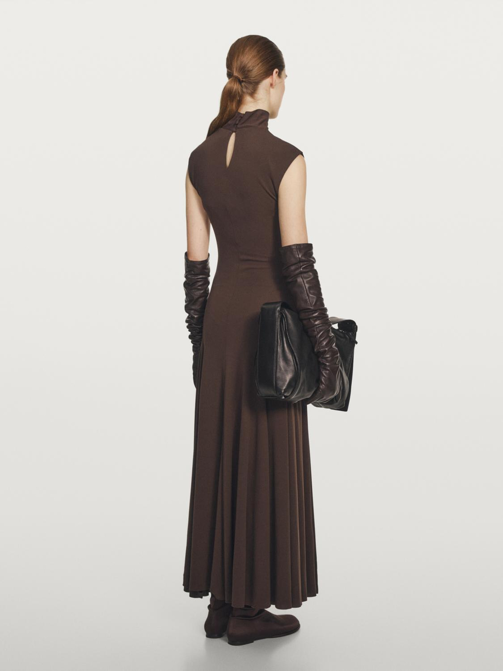 Massimo Dutti Длинное платье с высоким воротом - STUDIO, коричневый