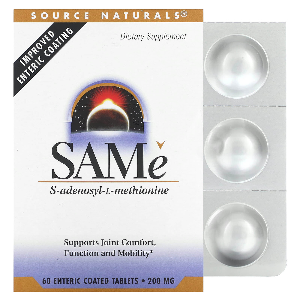 Source Naturals, SAM-e, 200 мг, 60 таблеток, покрытых кишечнорастворимой оболочкой