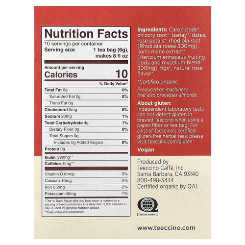 Teeccino, грибной травяной чай, ежовик гребенчатый, родиола, роза, без кофеина, 10 чайных пакетиков, 60 г (2,12 унции)
