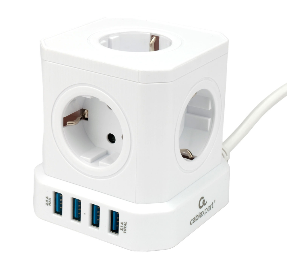 Сетевой фильтр Cablexpert Tower TWR-5-U4-W-2, 5р, 10А, 4хUSB, 3.1А, 2м, ур.защ. 4+, коробка белый