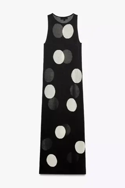 ZARA ДЛИННОЕ ТРИКОТАЖНОЕ ПЛАТЬЕ В ГОРОШЕК, ЧЕРНЫЙ/БЕЛЫЙ