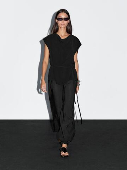 Massimo Dutti Топ из крепа с драпированным вырезом, черный