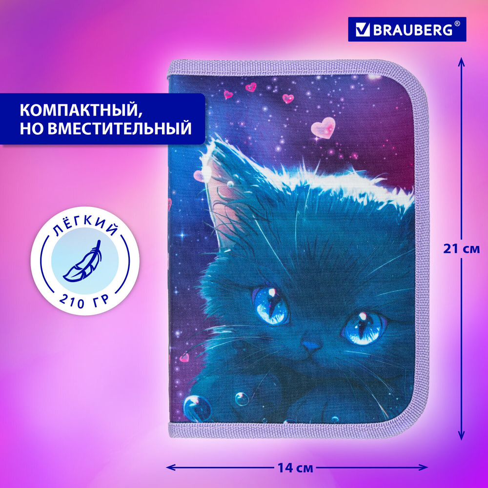 Пенал BRAUBERG 1 отделение 1 откидная планка полиэстер 21х14 см "Anime cat" (2 штуки в упаковке)