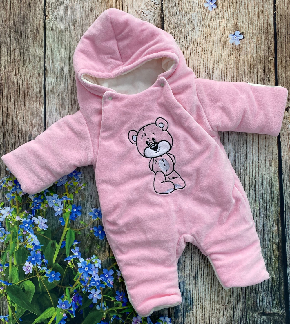 Комплект на выписку 6 предметов велюр "Мишка" (Цвет: Серо-розовый)