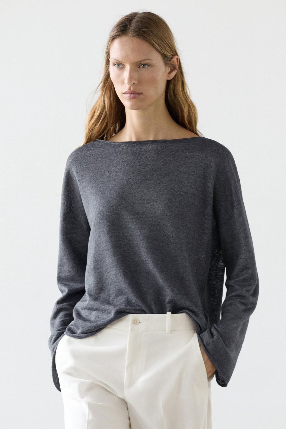 Massimo Dutti Льняной свитер с вырезом «лодочка», темно-синий