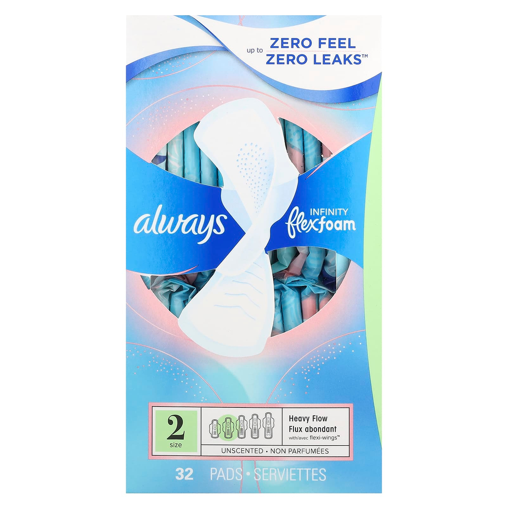Always, Infinity Flex Foam with Flexi-Wings, размер 2, для впитывания увеличенного количества жидкости, без запаха, 32 прокладки