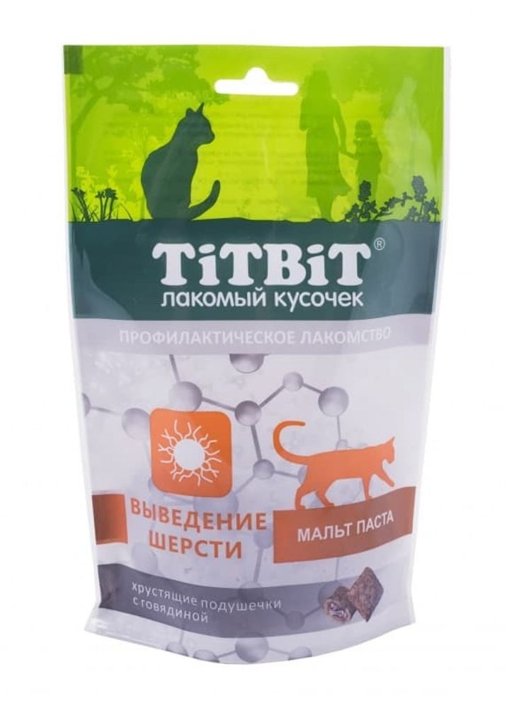 Лакомство для кошек TitBit Хрустящие подушечки с говядиной, выведение шерсти, пакет 60 г