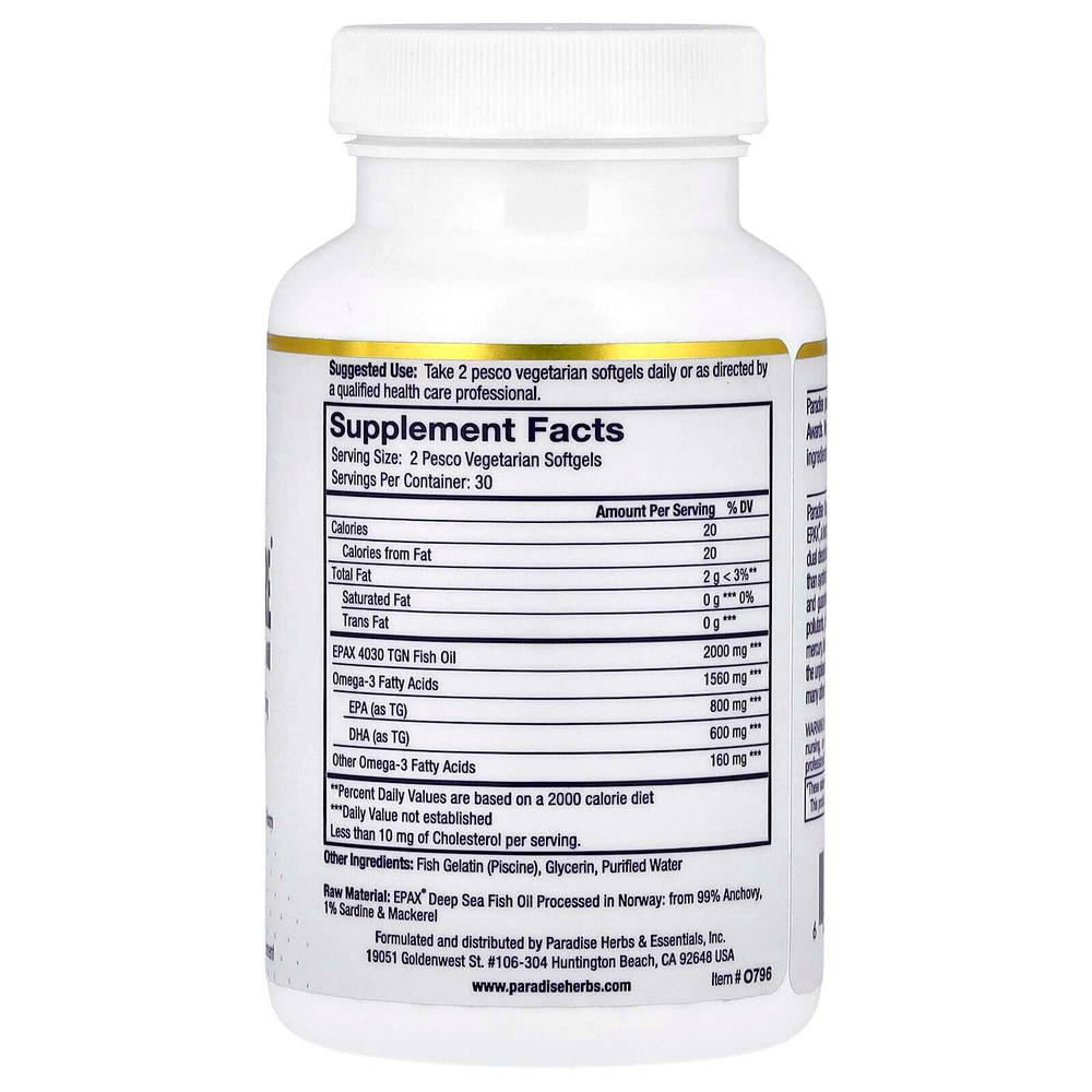 Paradise Herbs, Omega-Sure®, рыбий жир с омега-3 премиального качества, 60 вегетарианских капсул Pesco