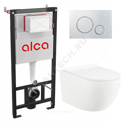 Комплект 4 в 1 инсталляция + кнопка смыва хром + унитаз подвесной сиденье дюропласт микролифт белый Esfera Rimless торнадо Selena/Alcaplast E001WGT/M672