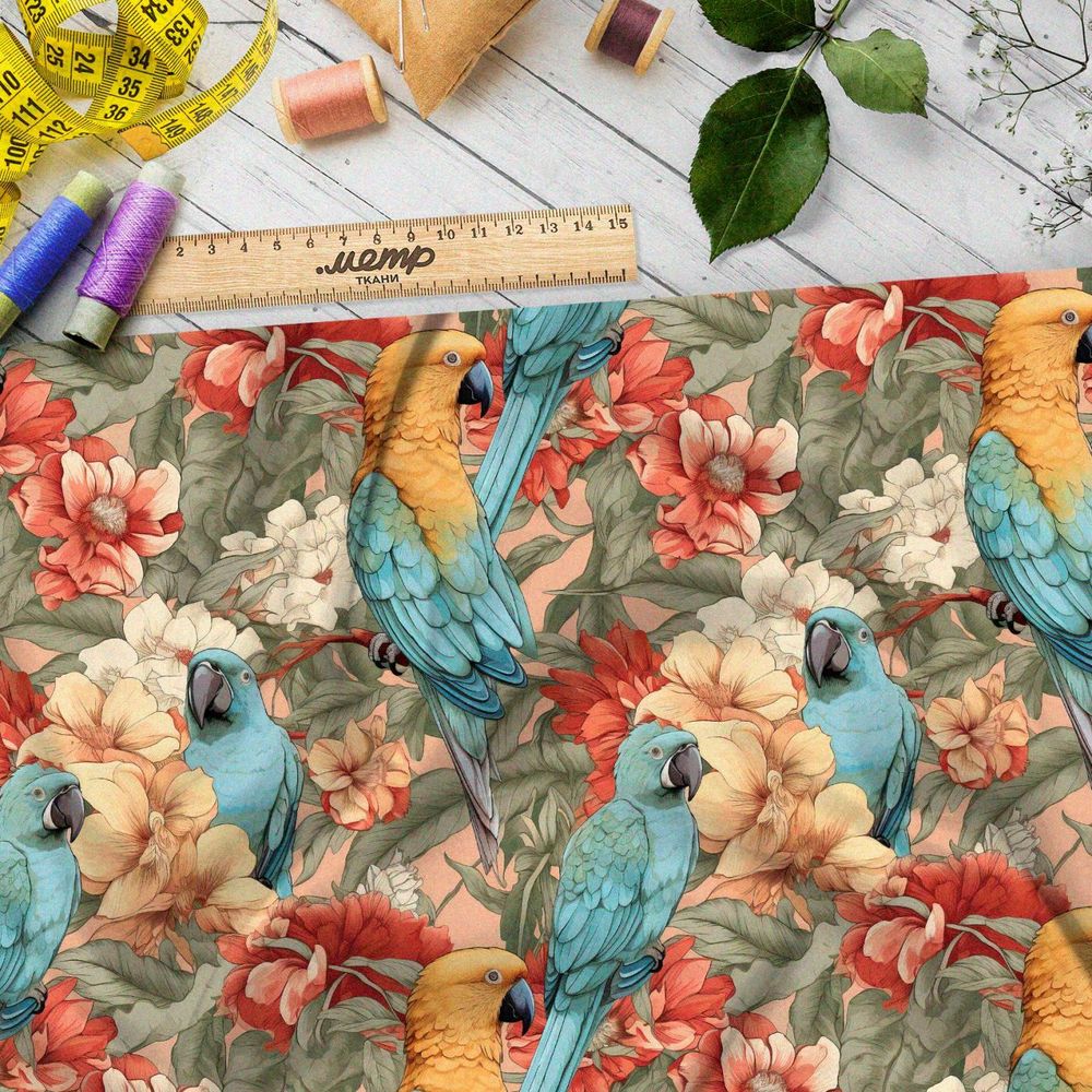 Ткань премиум атлас попугаи в листве