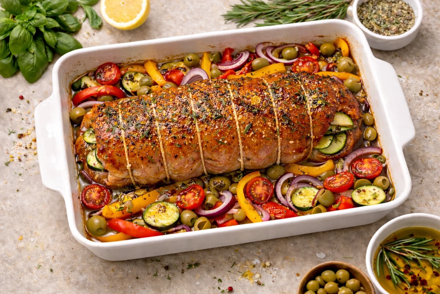 Рулет из индейки с овощами и оливками