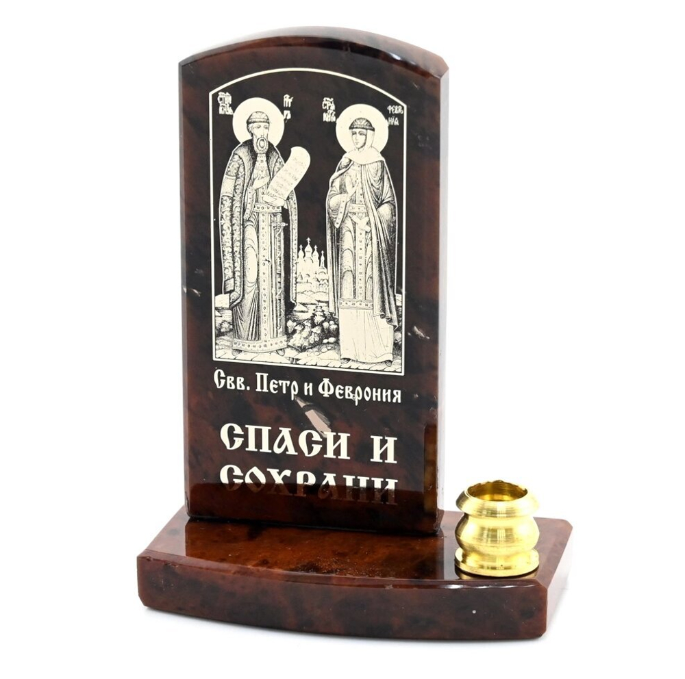 Икона из обсидиана на подставке "Петр и Феврония" 1 свеча 50*27*65 мм