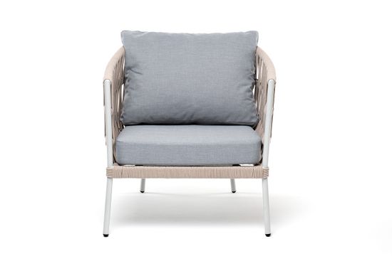 "Диего" кресло плетеное из роупа, каркас алюминий светло-серый (RAL7035) муар, роуп бежевый круглый, ткань светло-серая