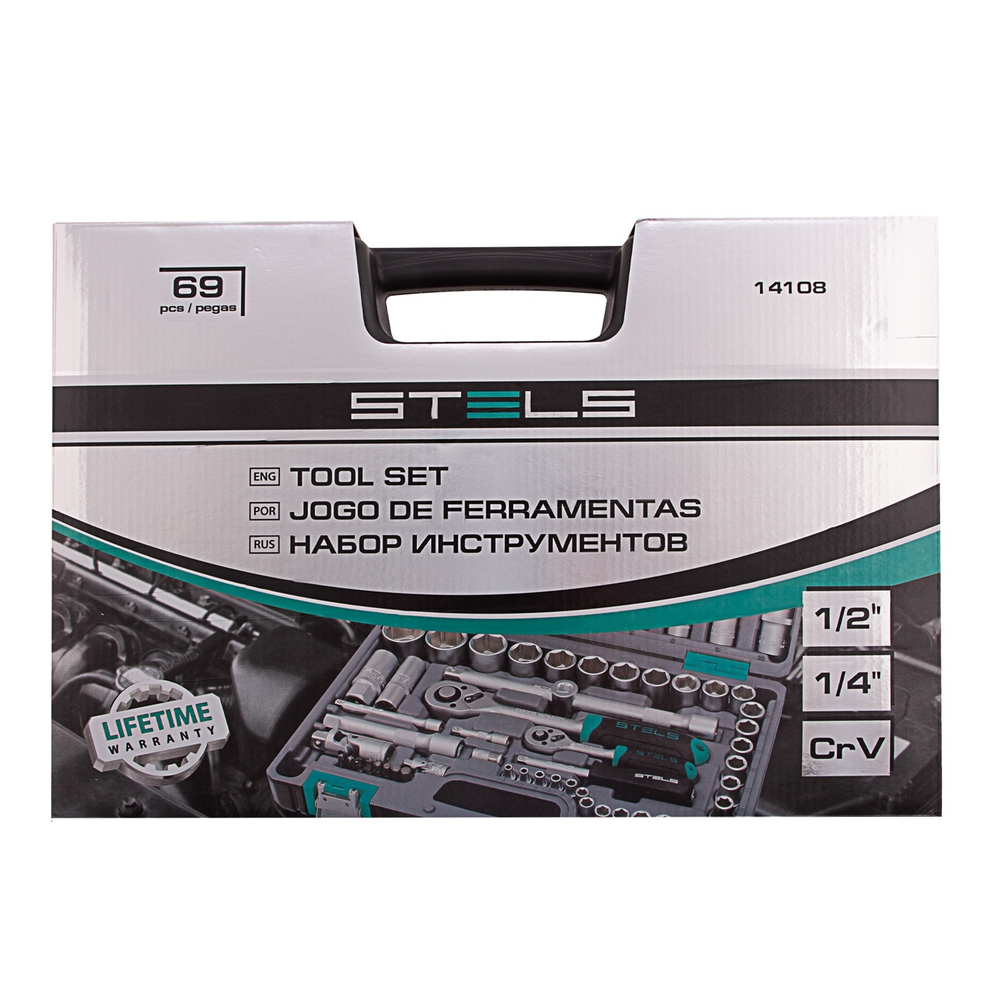 14108 Набор инструментов, 1/2", 1/4", CrV, 69 предм.// Stels