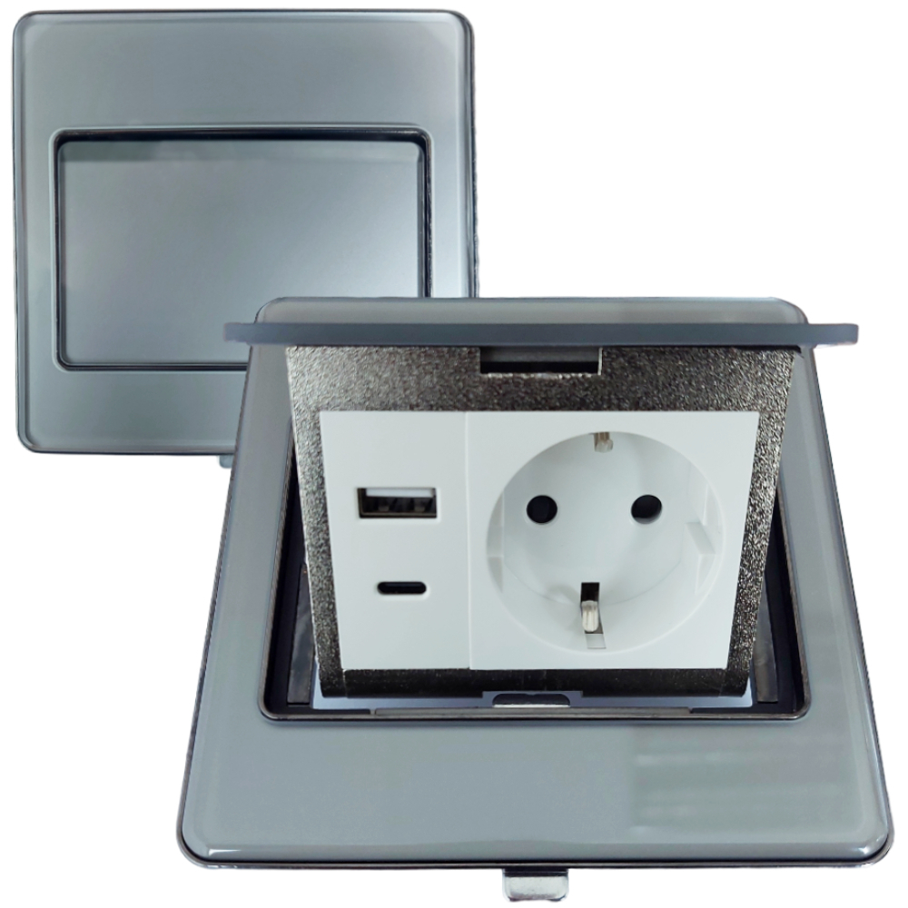 Лючок в пол стеклянный 1-РОЗЕТКА + USB+TYPE-C (цвет серебро)