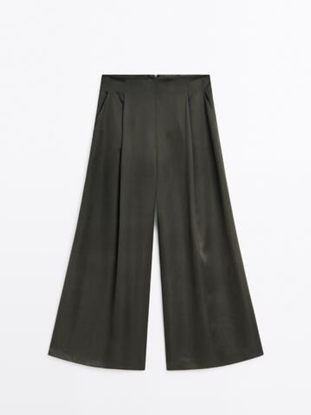 Massimo Dutti Широкие брюки из атласа - STUDIO, темно-зеленый