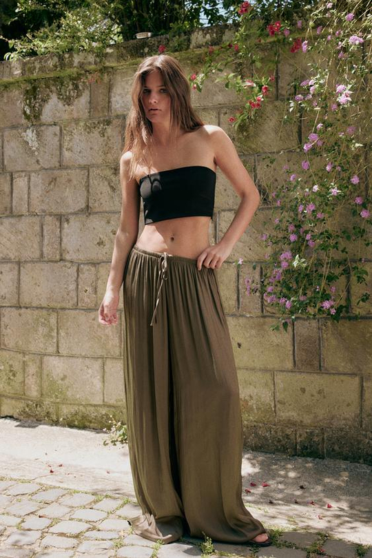 ZARA СВОБОДНЫЕ БРЮКИ ПАЛАЦЦО, ТЕМНЫЙ ХАКИ