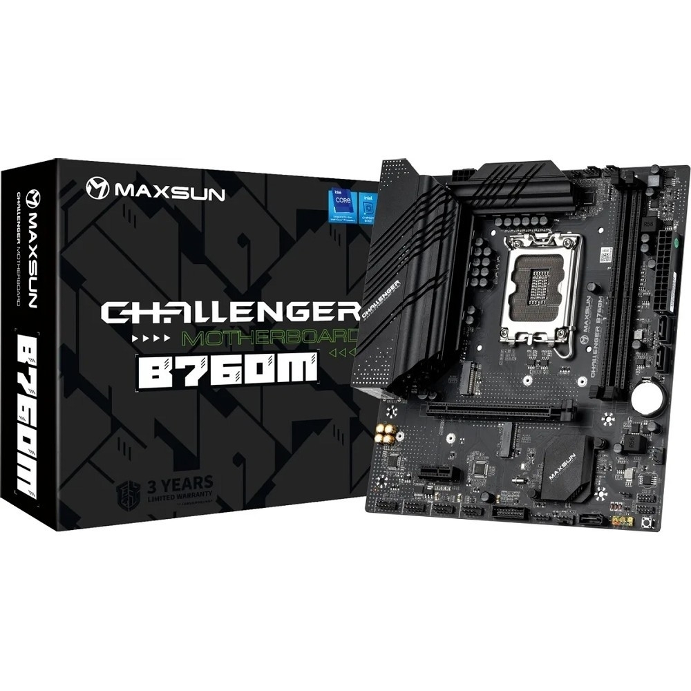 Материнская плата MAXSUN MS-Challenger B760M (Socket 1700, mATX, 2*DDR4, VGA / HDMI, 3*SATA3, 2*M.2, 1xPCI-E x16 / 1xPCI-E x1, 2*USB 2.0, 4*USB 3.2 Gen1 , LAN 1*1G, RTL)