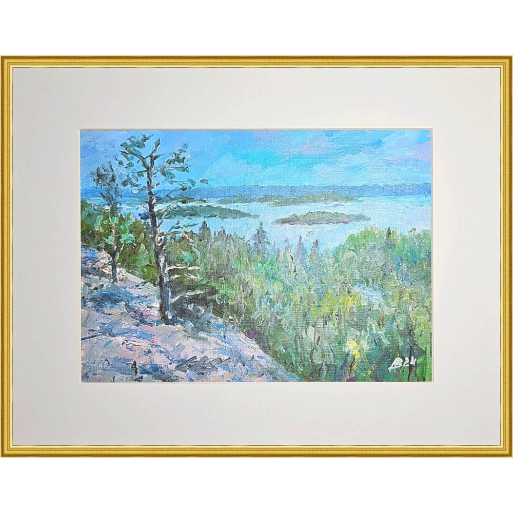 Картина авторская маслом на холсте в паспарту 30х40 см на стену для интерьера "Ладожские шхеры"