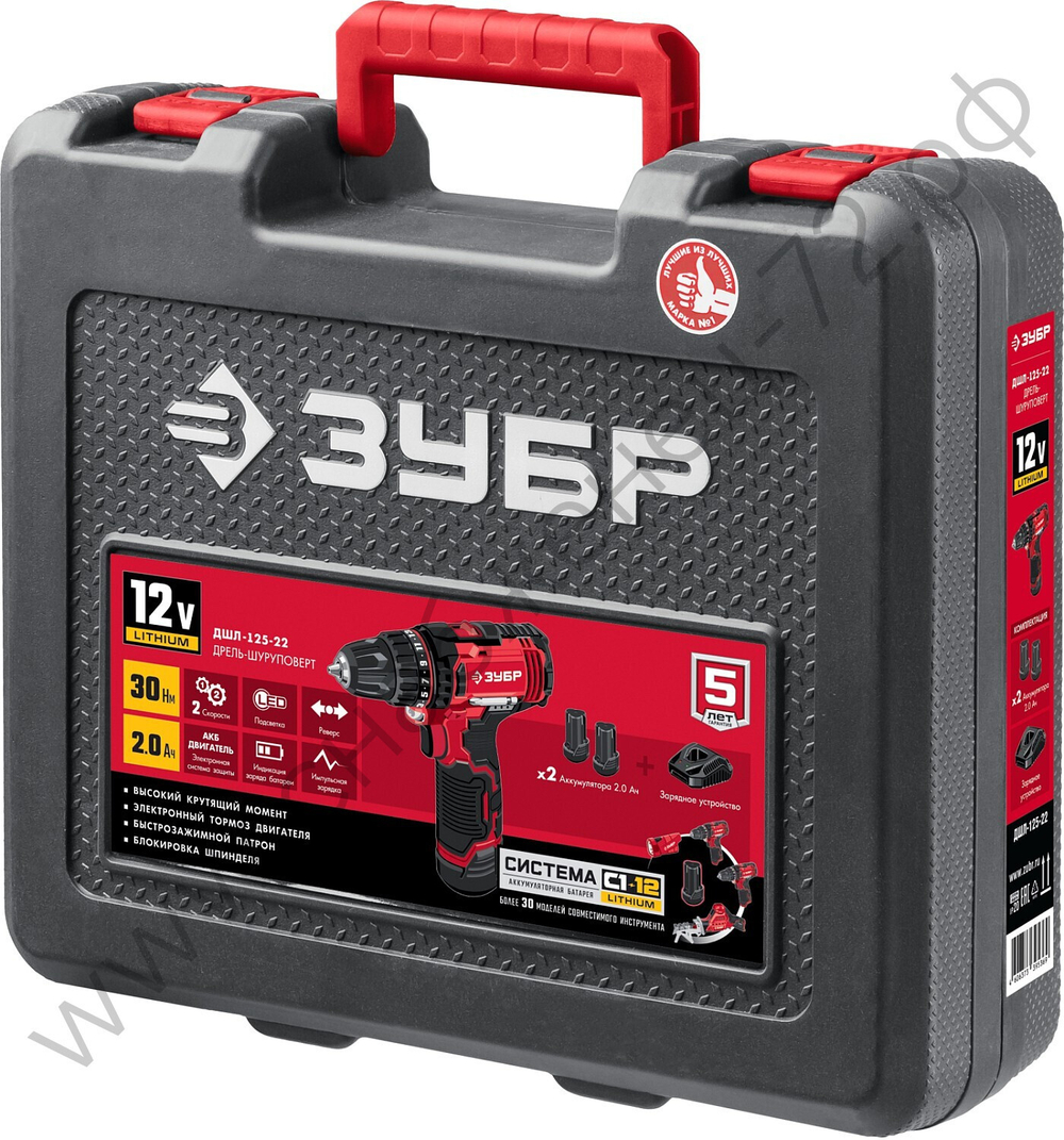 ЗУБР С1-12, 12 В, 30 Н·м, 2 АКБ (2 А·ч), дрель-шуруповерт, кейс (ДШЛ-125-22)
