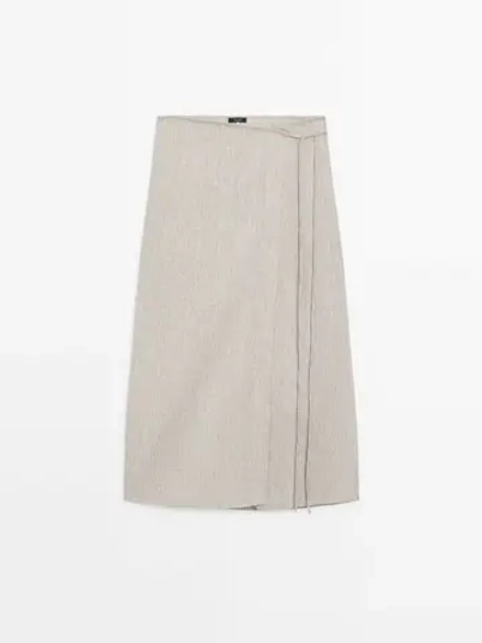 Massimo Dutti Юбка парео из смесового льна в полоску, натуральный, кремовый