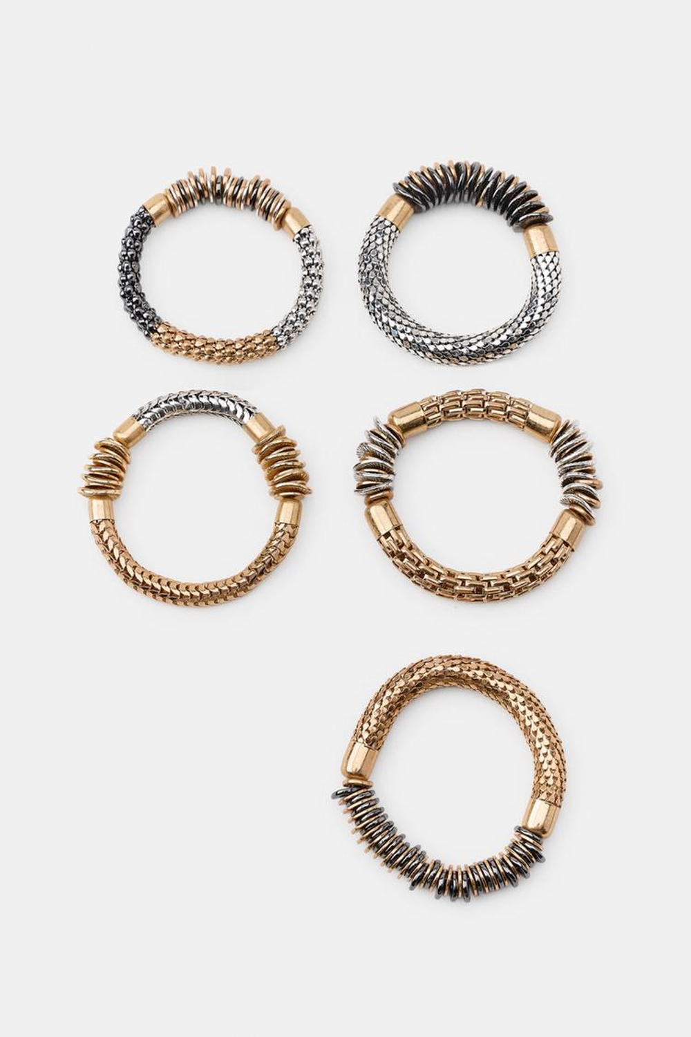 ZARA НАБОР ИЗ 5 ЭЛАСТИЧНЫХ КОМБИНИРОВАННЫХ БРАСЛЕТОВ, ЗОЛОТОЙ/СЕРЕБРЯНЫЙ