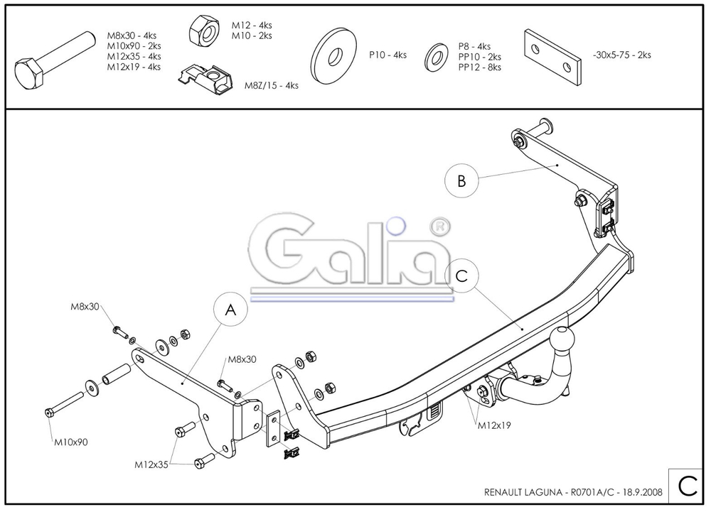 Фаркоп оцинкованный Galia R070A для Renault Laguna II лифтбек 2001-2008(паспорт и сертификат в комплекте)(без электрики)