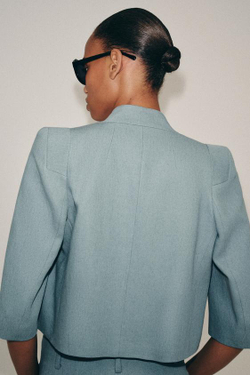ZARA УКОРОЧЕННЫЙ ЛЬНЯНОЙ БЛЕЙЗЕР — ZW COLLECTION, СЕРО-СИНИЙ