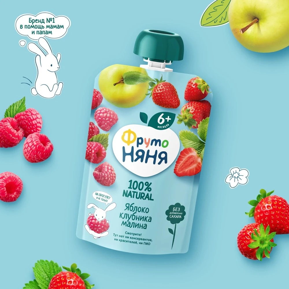 Фрутоняня пауч пюре из яблок, клубники и малины 90г с 6 месяцев
