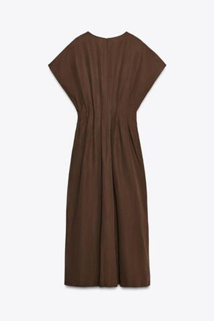 ZARA ПЛАТЬЕ МИДИ СО СБОРКАМИ — ZW COLLECTION, КОРИЧНЕВЫЙ
