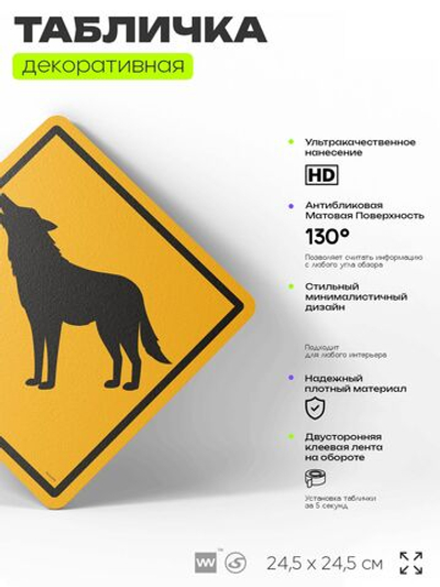 Табличка прикольная "Осторожно, волки" на дверь и стену, информационная и предупреждающая, декоративный знак, 24,5х24,5 см, пластиковая, Айдентика Технолоджи