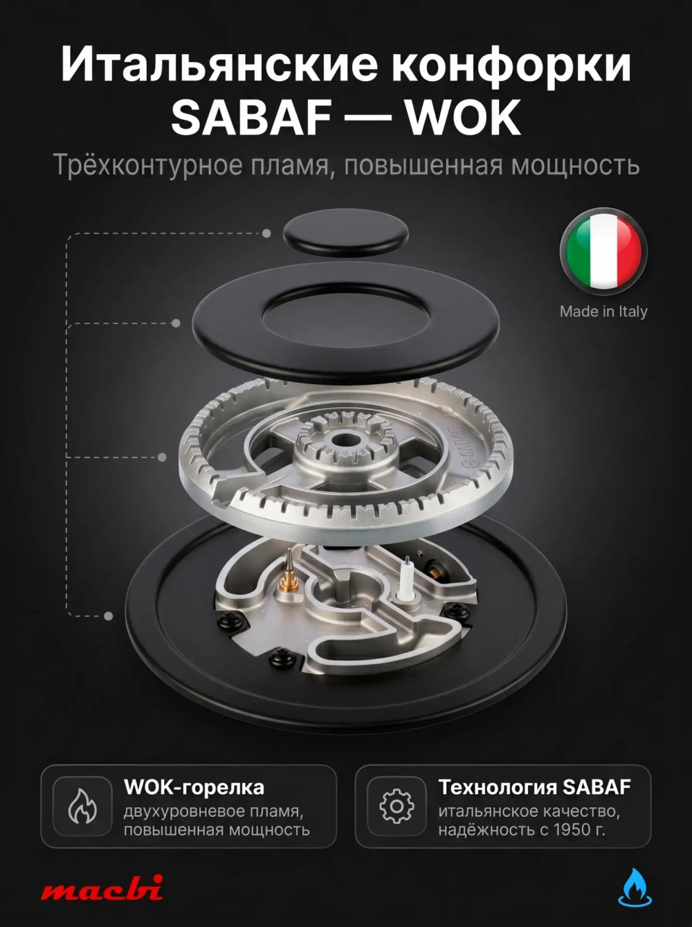 Газовая варочная панель MACBI MBH64WFGI.T9.G2-NM-SF, 4 конфорки SABAF Италия, 9 уровней пламени, стекло NANO MATT