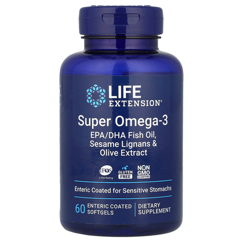 Life Extension, Super Omega-3, рыбий жир с ЭПК и ДГК, лигнанами кунжута и экстрактом оливы, 60 капсул, покрытых кишечнорастворимой оболочкой