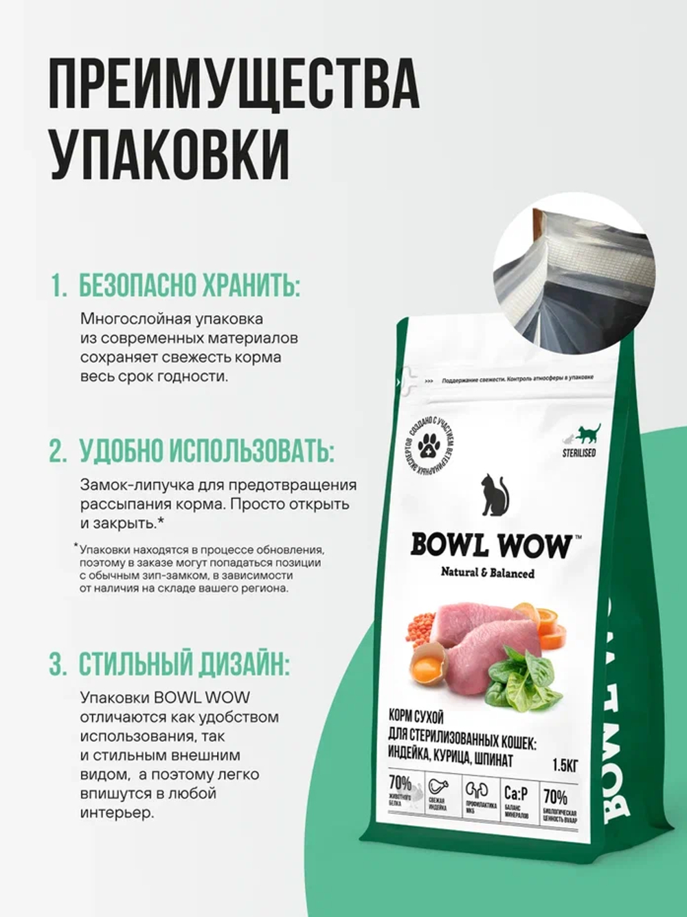 Сухой корм Bowl Wow для стерилизованных кошек, с индейкой, курицей и шпинатом - 1,5 кг