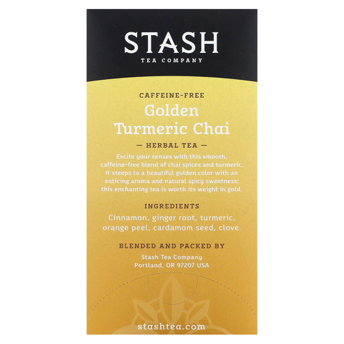 Stash Tea, Herbal Tea, золотой чай с куркумой, без кофеина, 18 чайных пакетиков, 36 г (1,2 унции)